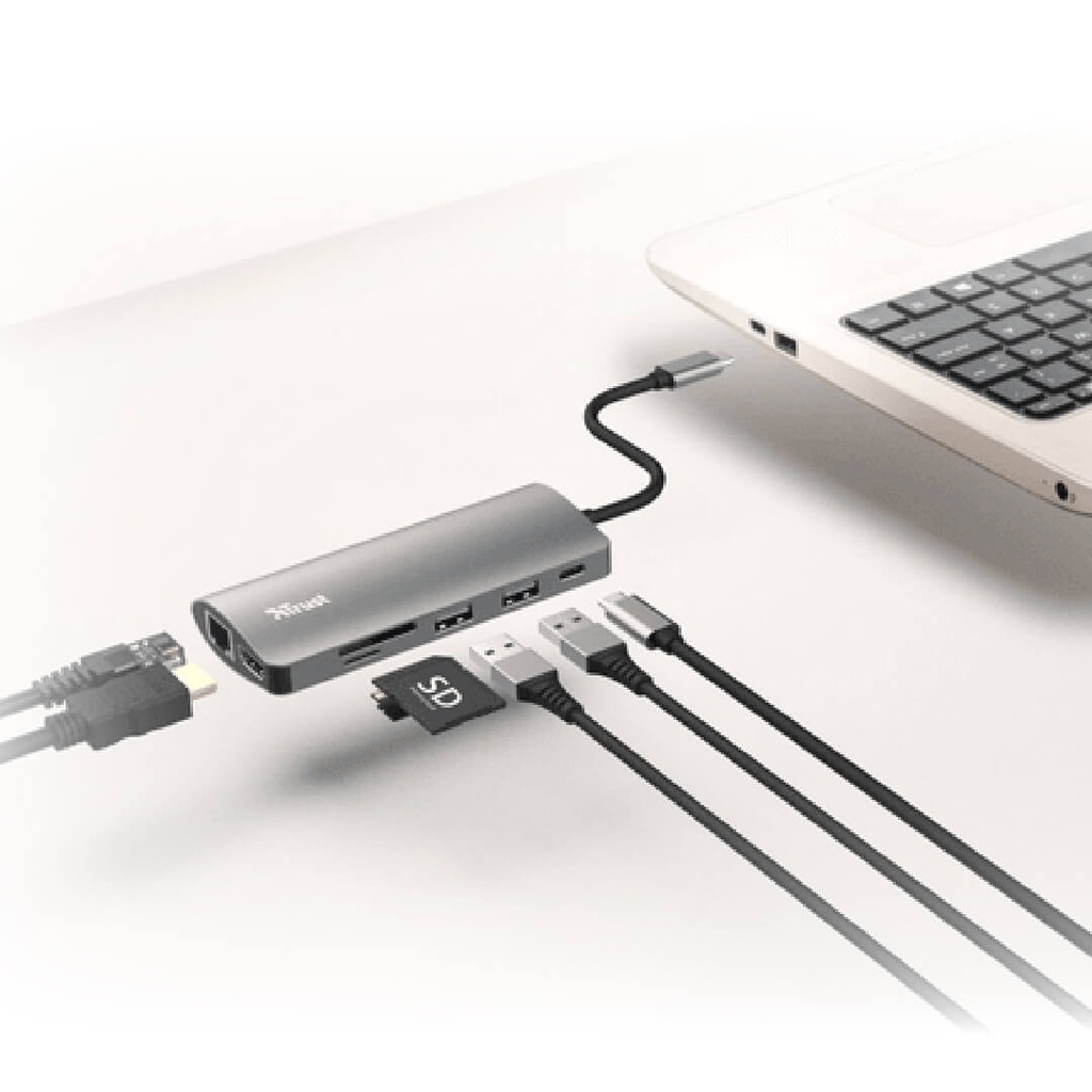 Adaptador Trust Multipuerto Usb - C 7 en 1 (Hdmi, de red, lector de tarjetas, USB-C y USB) Ref 23775