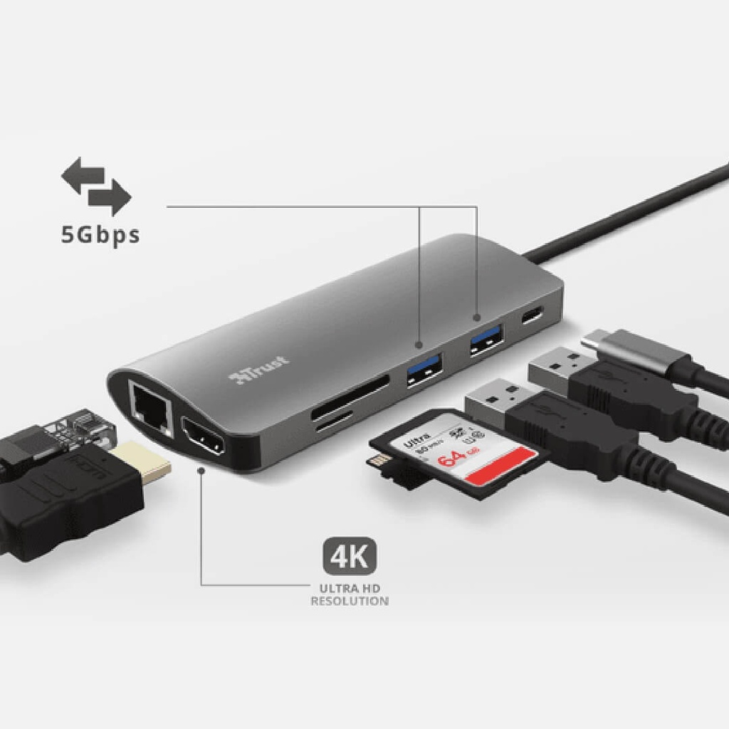 Adaptador Trust Multipuerto Usb - C 7 en 1 (Hdmi, de red, lector de tarjetas, USB-C y USB) Ref 23775