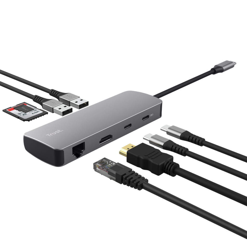 Adaptador Trust Multipuerto Usb - C 8 en 1 (Hdmi, de red, lector de tarjetas, USB-C y USB) 