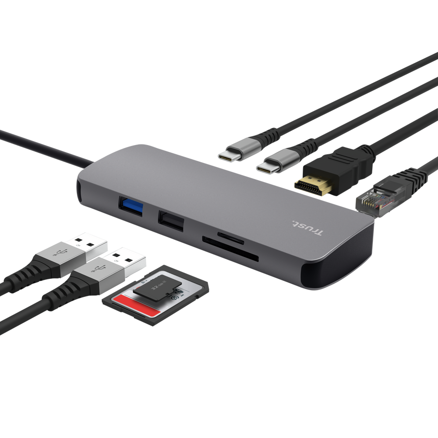 Adaptador Trust Multipuerto Usb - C 8 en 1 (Hdmi, de red, lector de tarjetas, USB-C y USB) 