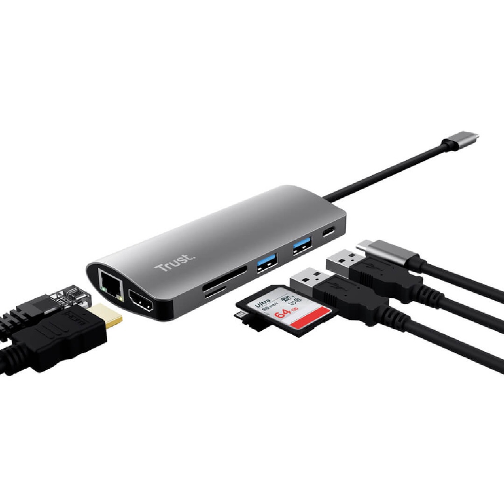 Adaptador Trust Multipuerto Usb - C 7 en 1 (Hdmi, de red, lector de tarjetas, USB-C y USB) Ref 23775