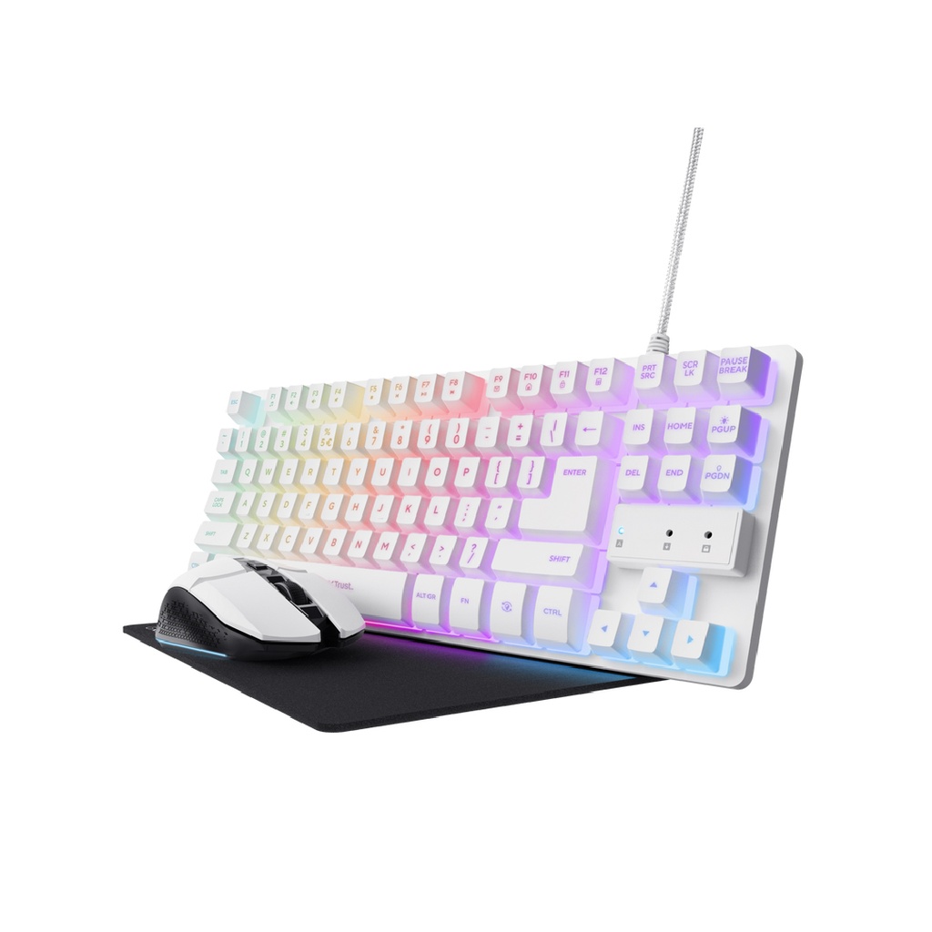 Combo trust Gxt 794W 3 en 1 Teclado Thado Blanco, Mouse Felox inalambrico Blanco y pad mouse