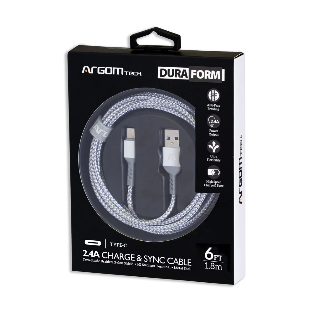 Cable trenzado de nylon blanco USB a USB tipo C x 1,8 metros Argom A00516